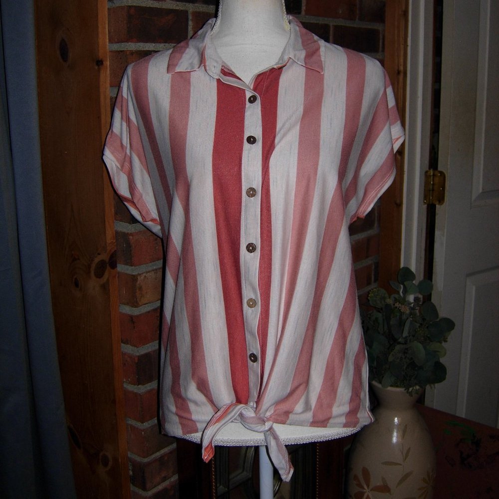 Exclusive One Striped Tie Front Button Up Top S